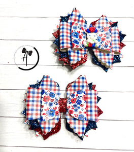 4th of July Floral Plaid Bow- 5 inch