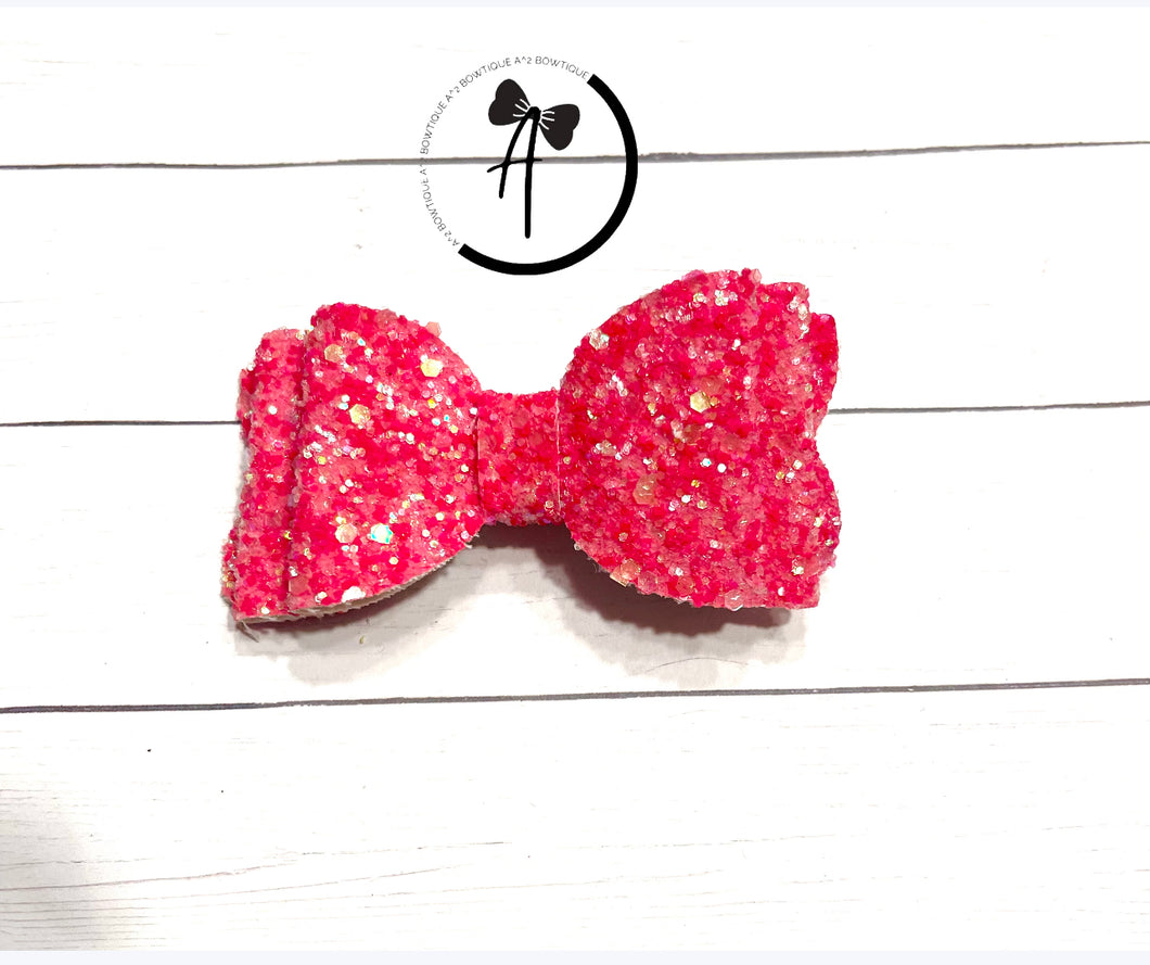 Pink Neon Glitter Bow - 3.5 inch